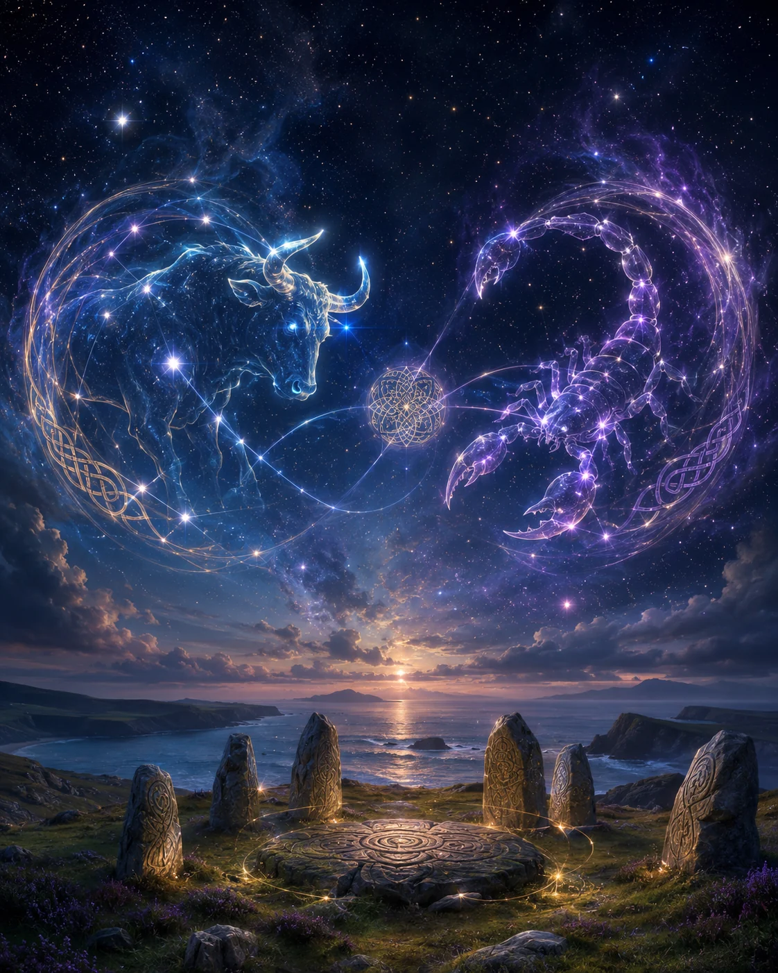 Two celestial signs connected beneath the stars