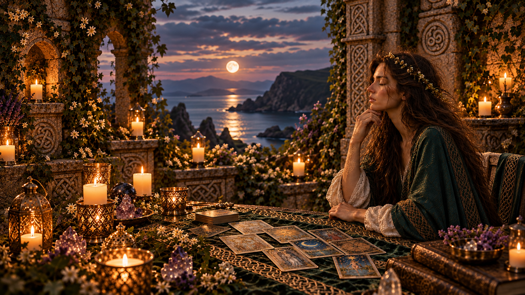 Tarot reader in a candlelit Celtic setting overlooking the sea