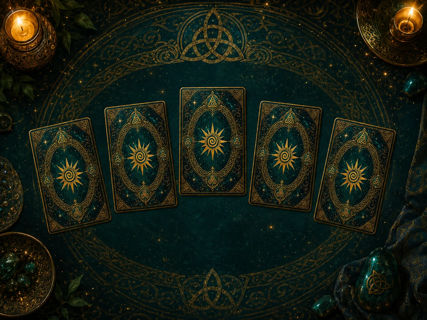 Five Star of Danu cards arranged for a five-card spread
